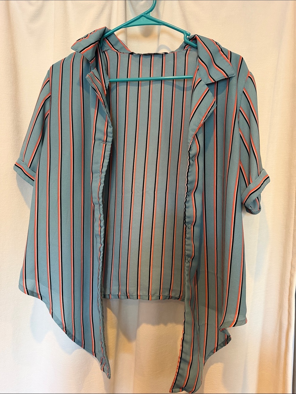 Light Teal Striped Short-Sleeve Button-Down Shirt